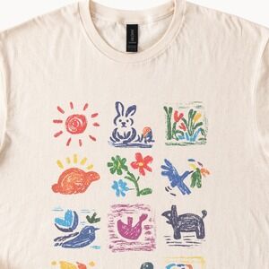 Childlike Nature Grid Graphic Tee Whimsical Animal Art